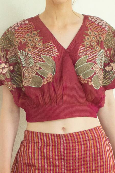 Buy_Oja_Pink Handloom Silk Applique V Neck Embroidered Top With Flared Pant _Online_at_Aza_Fashions