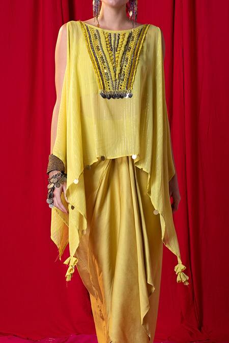 Buy_Enech_Yellow Georgette, Muslin, Modal Mirrors Shimmer Kimono Cape And Draped Skirt Set _Online_at_Aza_Fashions