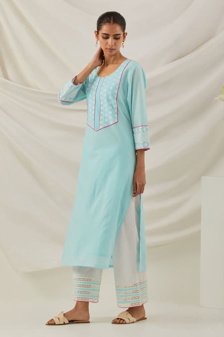 Buy_The Indian Cause_Blue Cotton Sequins, Embroidery Round Neck Rooh Straight Kurta _Online_at_Aza_Fashions