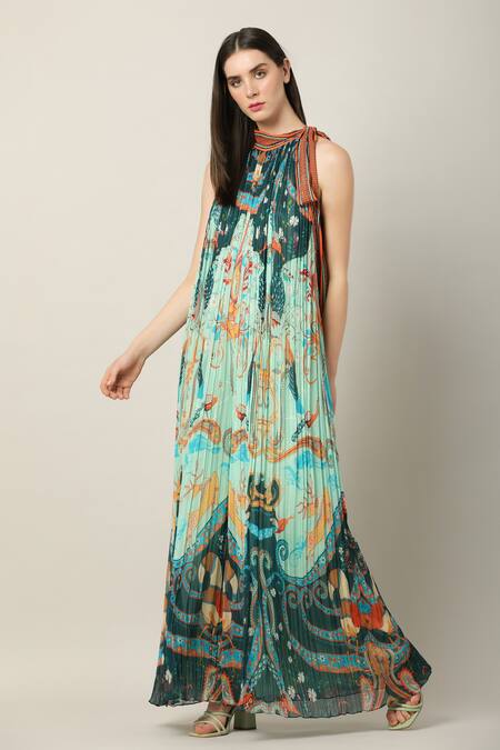 Limerick By Abirr N' Nanki Multi Color Georgette Embroidery Halter Neck Keya Peacock Print Pleated Jumpsuit Online at Aza Fashions Limerick By Abirr N' Nanki_Multi Color Georgette Embroidery Halter Neck Keya Peacock Print Pleated Jumpsuit _Online_at_Aza_Fashions