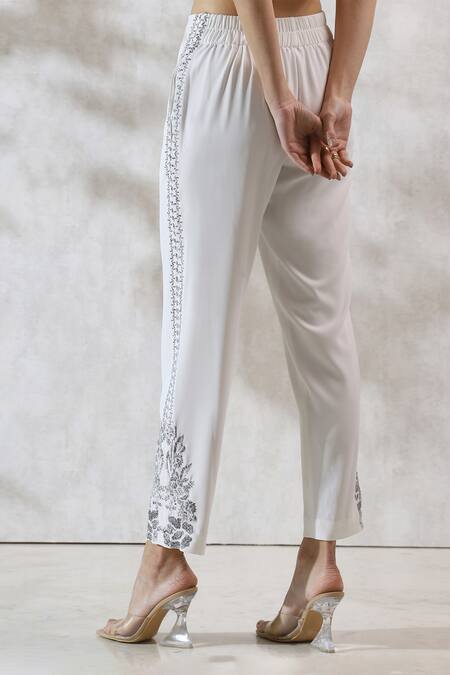 Buy_RANNA GILL_White Crepe Embroidery Floral Flower Vine Thread Work Pant _Online_at_Aza_Fashions