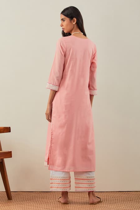 Shop_The Indian Cause_Peach Cotton Embroidery Round Neck Rozana Straight Kurta And Palazzo Set _at_Aza_Fashions