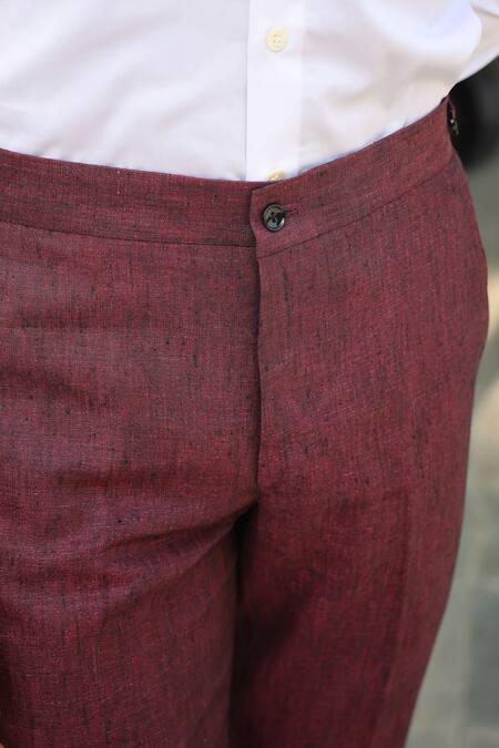 Buy_Raw & Rustic By Niti Bothra_Wine Linen Handcrafted Solid Straight Pant_Online_at_Aza_Fashions