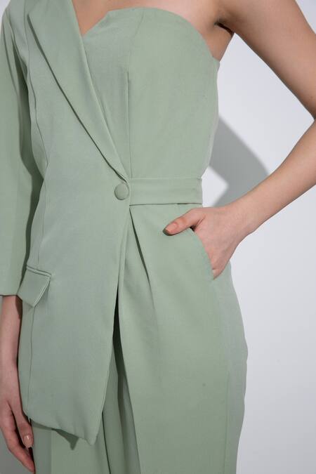 Buy_Pocketful Of Cherrie_Green Crepe One Shoulder Asymmetric Solid Jumpsuit_Online_at_Aza_Fashions