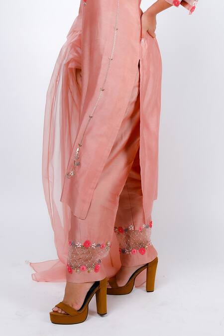Buy_Geetika Jain_Pink Chanderi, Silk, Organza Sequins, Cut Work, Embroidery Round Dana Kurta Set_Online_at_Aza_Fashions