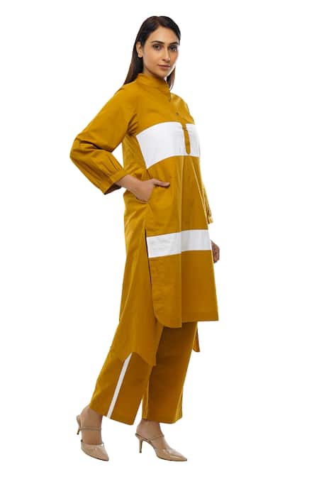 Buy Khat Yellow Poplin, Cotton Mandarin Collar Panelled Mustard Dress And Pant Set Online at Aza Fashions Buy_Khat_Yellow Poplin, Cotton Mandarin Collar Panelled Mustard Dress And Pant Set _Online_at_Aza_Fashions