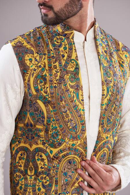 Buy_Kasbah_Yellow Georgette, Cotton Embroidery Kalamkari Long Open Shrug_Online_at_Aza_Fashions