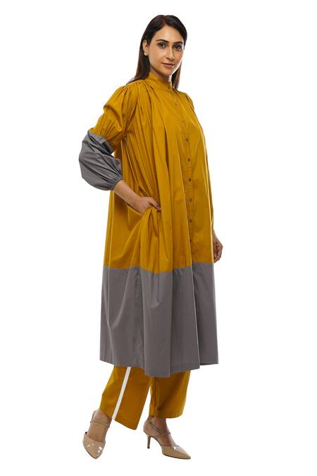 Buy_Khat_Yellow Poplin, Cotton Mandarin Collar Color Block Dress And Pant Co-ord Set _Online_at_Aza_Fashions
