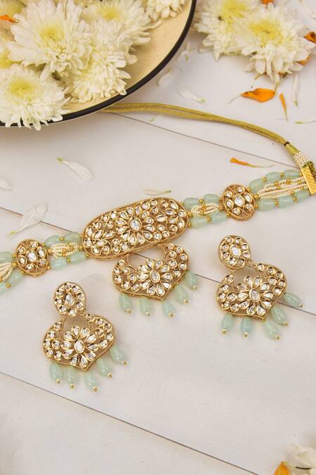 Buy_Swabhimann_Blue Diamonds, Pearls Bead Drop Choker Set _Online_at_Aza_Fashions