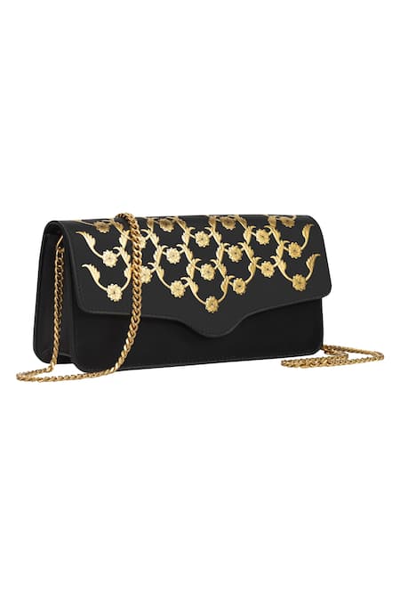 Aranyani Black Glided Champa Flower Gold Pattern The Clutch