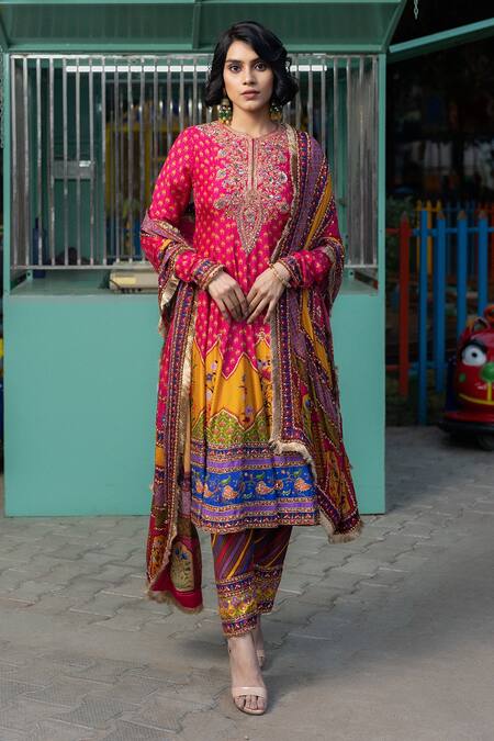 Buy Irrau By Samir Mantri Multi Color Chiffon, Silk, Denim Embroidery, Tassels, Flower Print Anarkali Set Online at Aza Fashions Buy_Irrau By Samir Mantri_Multi Color Chiffon, Silk, Denim Embroidery, Tassels, Flower Print Anarkali Set _Online_at_Aza_Fashions