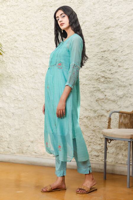 Buy_Tatwa_Blue Handloom Cotton, Viscose, Silk Embroidery Round Neck Chanderi Kurta Set _Online_at_Aza_Fashions