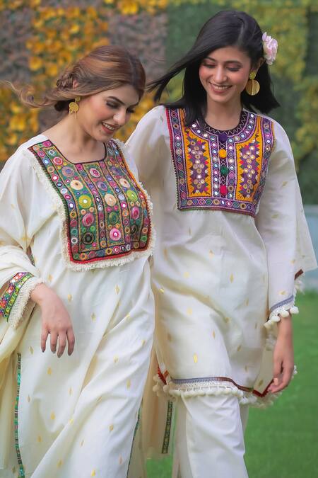 Buy_Ekavira_White Cotton Embroidered Round Kaftan And Palazzo Set_Online_at_Aza_Fashions