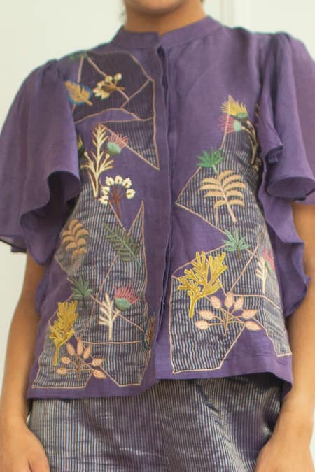 Buy_Oja_Purple Pant  , Shirt  Linen Embroidered And Set _Online_at_Aza_Fashions