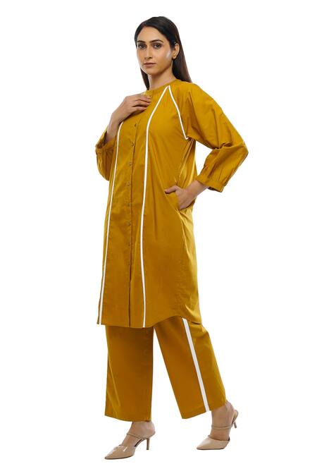 Khat Yellow Cotton Asymmetric Frill Collar Dress And Pant Set Online at Aza Fashions Khat_Yellow Cotton Asymmetric Frill Collar Dress And Pant Set _Online_at_Aza_Fashions