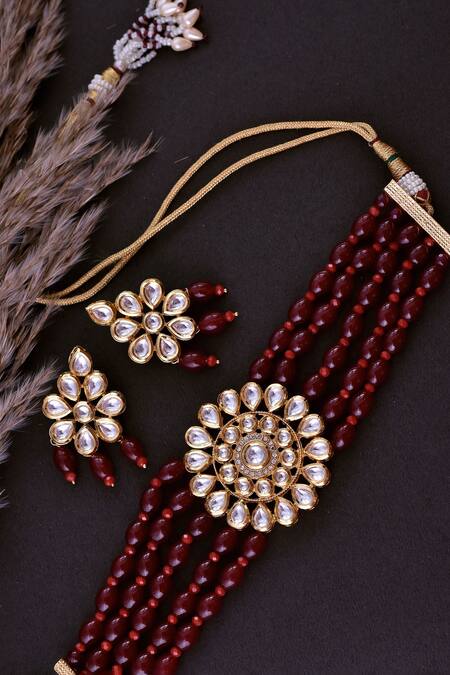 Buy_Swabhimann_Red Beads Kundan Embellished Choker Set _Online_at_Aza_Fashions