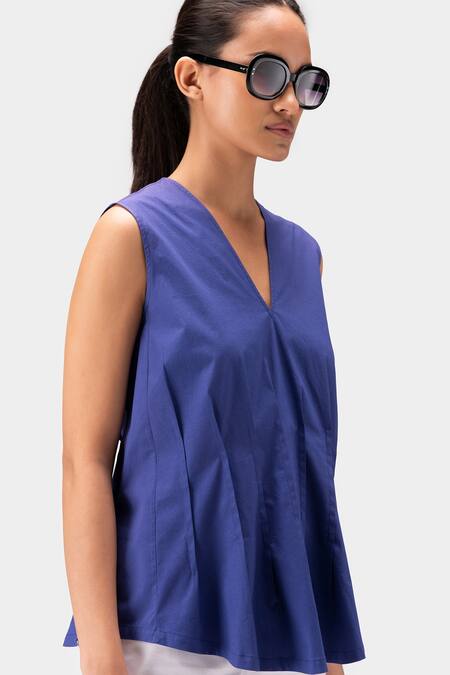 Buy_Genes Lecoanet Hemant_Blue Cotton Poplin Plain V Neck Sleeveless Pintuck Top_Online_at_Aza_Fashions