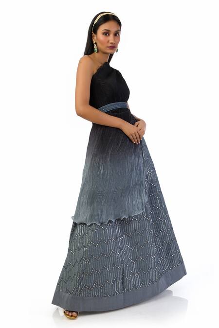 Buy Meghna Shah Grey Georgette, Chiffon Embroidery, Sequins One Shoulder Top And Skirt Set Online at Aza Fashions Buy_Meghna Shah_Grey Georgette, Chiffon Embroidery, Sequins One Shoulder Top And Skirt Set _Online_at_Aza_Fashions