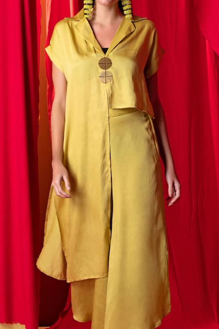 Buy_Enech_Yellow Muslin Metallic Thread Collared Asymmetric Tunic And Palazzo Set _Online_at_Aza_Fashions