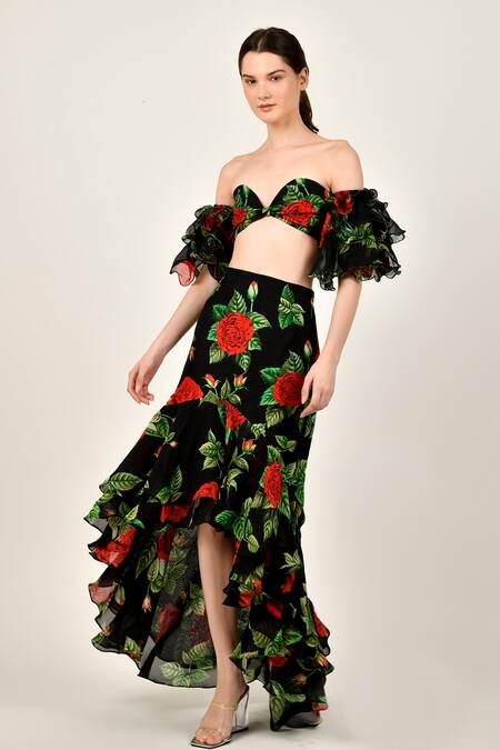 Shop Sanam Black Silk Embroidery Off-shoulder Rosamund Floral Pattern Top And Skirt Set Online at Aza Fashions Shop_Sanam_Black Silk Embroidery Off-shoulder Rosamund Floral Pattern Top And Skirt Set _Online_at_Aza_Fashions