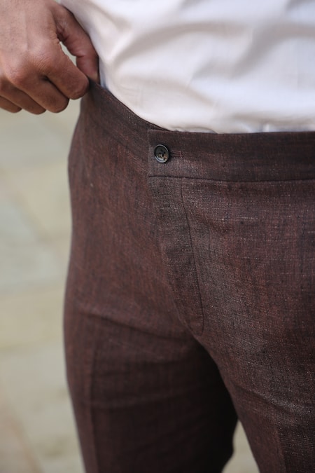 Buy_Raw & Rustic By Niti Bothra_Brown Linen Solid Handcrafted Straight Pant _Online_at_Aza_Fashions