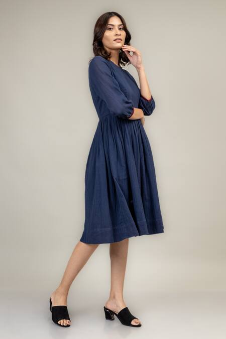 Buy Doodlage Blue Cotton Embroidery Round Neck Luna Gathered Dress Online at Aza Fashions Buy_Doodlage_Blue Cotton Embroidery Round Neck Luna Gathered Dress _Online_at_Aza_Fashions