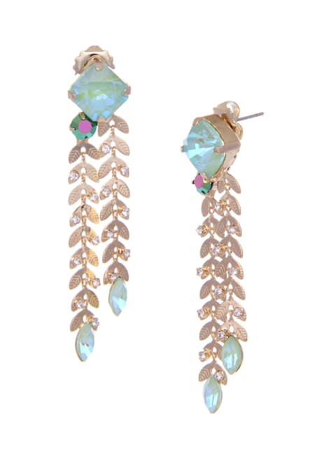 Buy_Ishhaara_Green Stones Tiered Carved Leaves Dangler Earrings _Online_at_Aza_Fashions