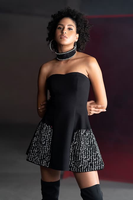 Buy_Pocketful Of Cherrie_Black Polyester Embroidery Sweetheart Neck Placement Typographic Dress_Online_at_Aza_Fashions