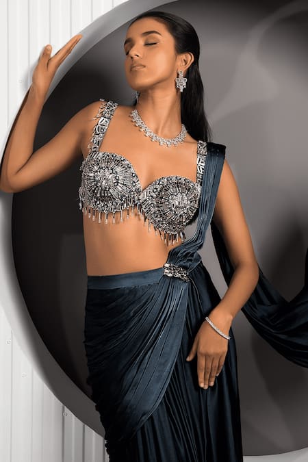 Buy_Jade By Ashima_Blue Satin Beads Sweetheart Neck Jade Pleated Pre-draped Saree With Blouse _Online_at_Aza_Fashions