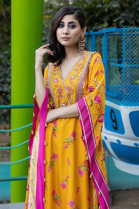 Buy_Irrau By Samir Mantri_Yellow Crepe, Denim Tassels V-neck Flower Print Kaftan _Online_at_Aza_Fashions