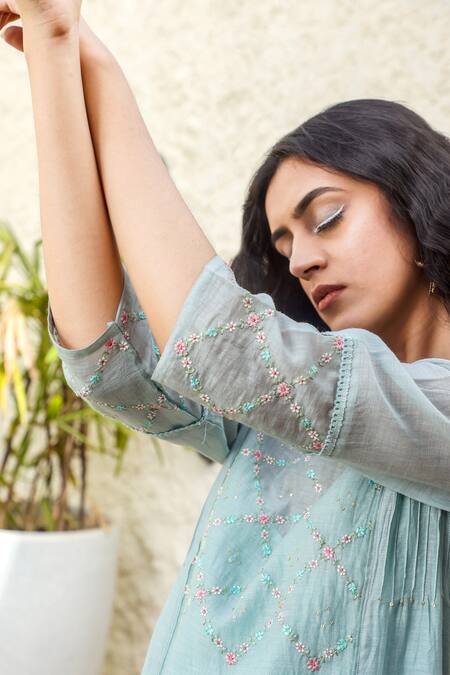 Buy_Tatwa_Blue Handloom Cotton, Viscose, Silk Sequins, Zari Chanderi Kurta And Pant Set _Online_at_Aza_Fashions