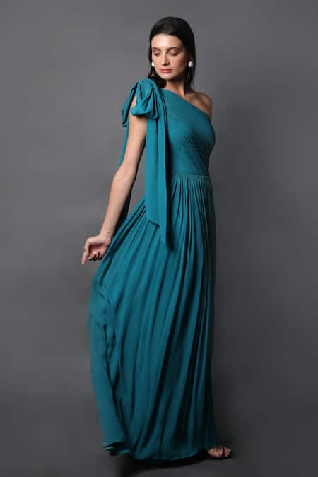 Buy_Swatee Singh_Blue Georgette One Shoulder Ruched Gown _Online_at_Aza_Fashions
