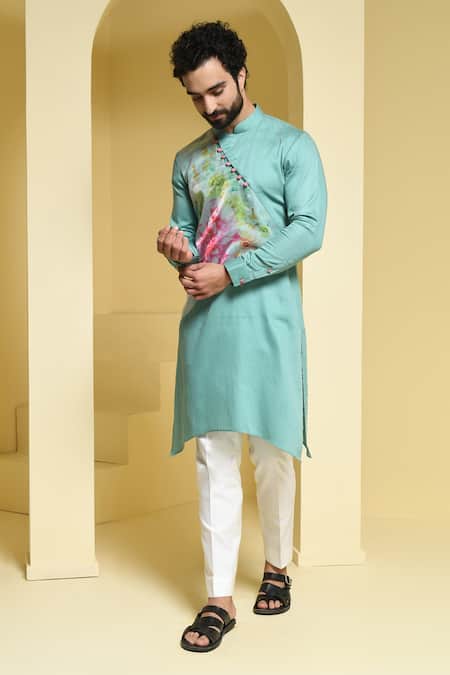 Buy_Kustomeyes_Green Cotton Kurta And Pant Set _Online_at_Aza_Fashions