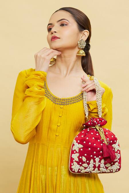 Buy Nazaakat By Samara Singh Maroon Embroidery Floral Potli Online at Aza Fashions Buy_Nazaakat By Samara Singh_Maroon Embroidery Floral Potli _Online_at_Aza_Fashions