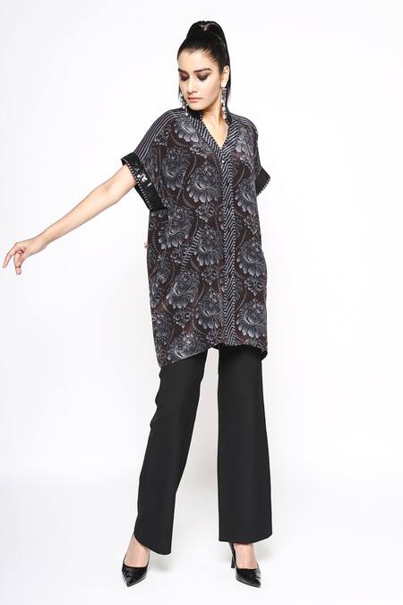 Buy_Anmol Kakad_Black Crepe Silk Strobe Damask Floral Pattern Shirt_Online_at_Aza_Fashions