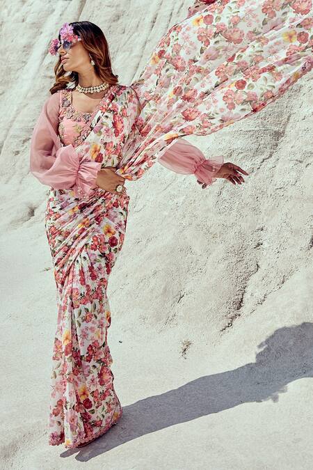 Buy_Nikita Vishakha_Pink Georgette, Silk Organza Embroidery Floral Printed Pre-draped Saree Set _Online_at_Aza_Fashions