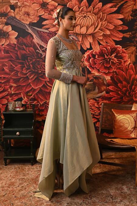 Buy Moledro Green Brocade Diamonds, Embroidery, Ezra Yoke Anarkali With Printed Dupatta Online at Aza Fashions Buy_Moledro_Green Brocade Diamonds, Embroidery, Ezra Yoke Anarkali With Printed Dupatta _Online_at_Aza_Fashions