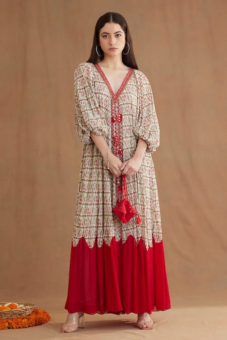 Buy Nikasha Red Viscose Sequins, Mirrors Plunge Neck Mughal Print Dress Online at Aza Fashions Buy_Nikasha_Red Viscose Sequins, Mirrors Plunge Neck Mughal Print Dress _Online_at_Aza_Fashions
