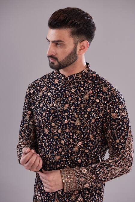 Buy_Kasbah_Black Georgette, Cotton Intricate Floral Vine Thread Embroidered Kurta Set _Online_at_Aza_Fashions