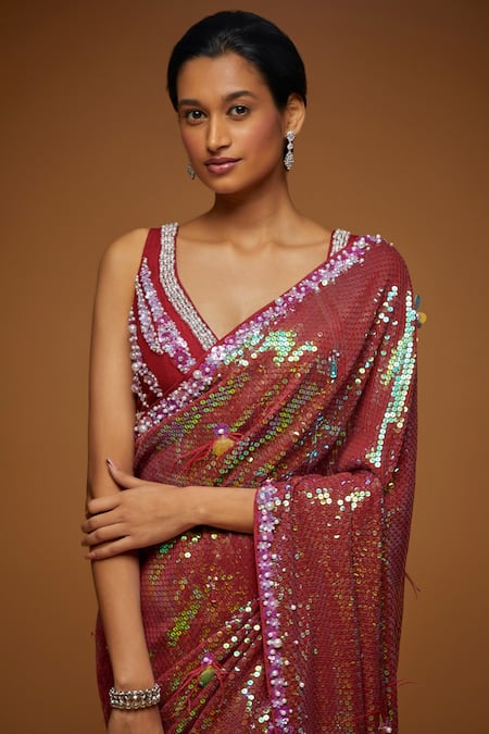 Buy_Neeta Lulla_Pink Georgette Feather, Stone And Sequin Leaf Anara Embroidered Saree With Blouse_Online_at_Aza_Fashions