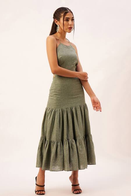 Buy_Zariya The Label_Green Cotton Halter Neck Woven Textured Tiered Dress _Online_at_Aza_Fashions