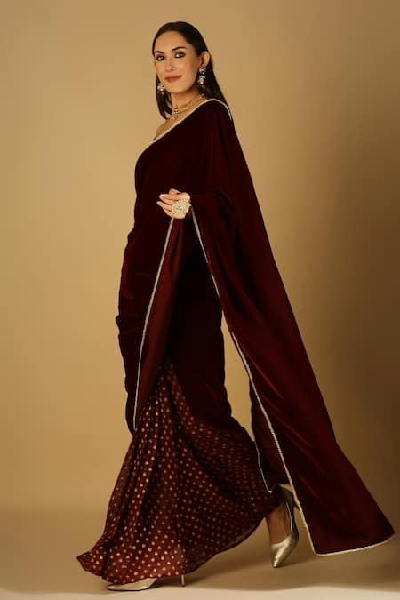 Buy Monk & Mei By Sonia Anand Maroon Velvet, Georgette, Brocade Sequins, Tassels Round Pre-draped Saree Set Online at Aza Fashions Buy_Monk & Mei By Sonia Anand_Maroon Velvet, Georgette, Brocade Sequins, Tassels Round Pre-draped Saree Set_Online_at_Aza_Fashions