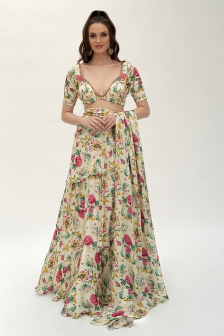 Shop_Sanam_Ivory Silk, Georgette Sequins, Victoria Garden Pattern Lehenga Saree With Blouse _Online_at_Aza_Fashions