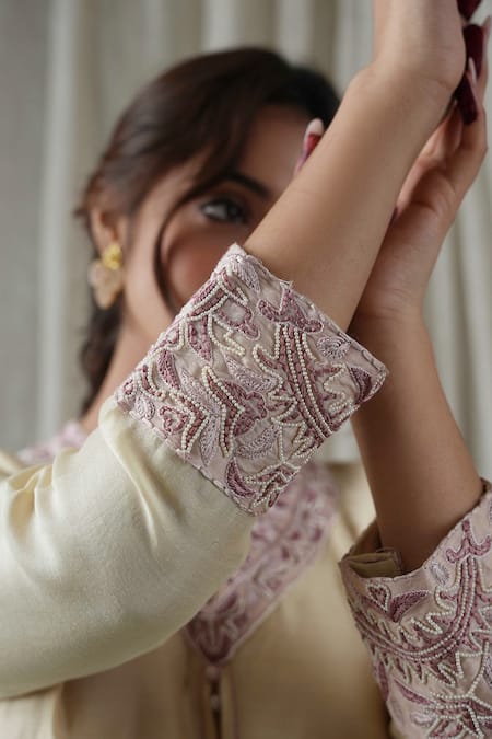Buy Kanika Sharma Beige Chanderi, Cotton Pearls, Embroidery V-neck Layered Kurta And Pant Set Online at Aza Fashions Buy_Kanika Sharma_Beige Chanderi, Cotton Pearls, Embroidery V-neck Layered Kurta And Pant Set _Online_at_Aza_Fashions