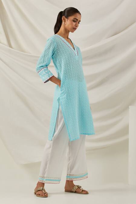 Buy The Indian Cause Blue Cotton Piping V-neck Kali Chikankari Embroidered Short Kurta Online at Aza Fashions Buy_The Indian Cause_Blue Cotton Piping V-neck Kali Chikankari Embroidered Short Kurta_Online_at_Aza_Fashions