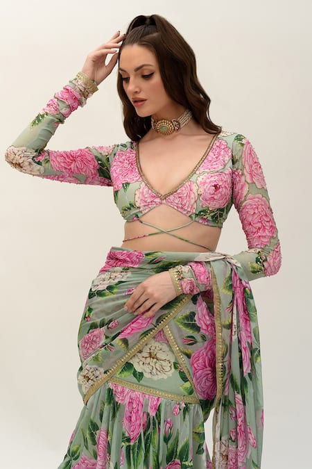 Shop_Sanam_Green Silk, Chiffon Sequins, Floral Bloom Pre-stiched Saree With Cut-out Blouse _Online_at_Aza_Fashions