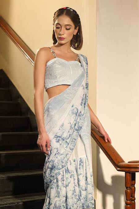 Buy_Tarini Vij_Blue Georgette Floral Sweetheart Neck Printed Sharara Layered Saree With Blouse _Online_at_Aza_Fashions