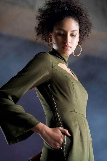 Buy_Pocketful Of Cherrie_Green Crepe Embroidery Asymmetric Cut-out Bodice Jumpsuit_Online_at_Aza_Fashions