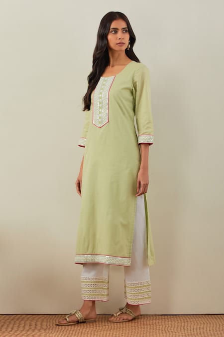 Buy_The Indian Cause_Green Cotton Embroidery, Sequins Round Neck Rozana Placket Straight Kurta_Online_at_Aza_Fashions