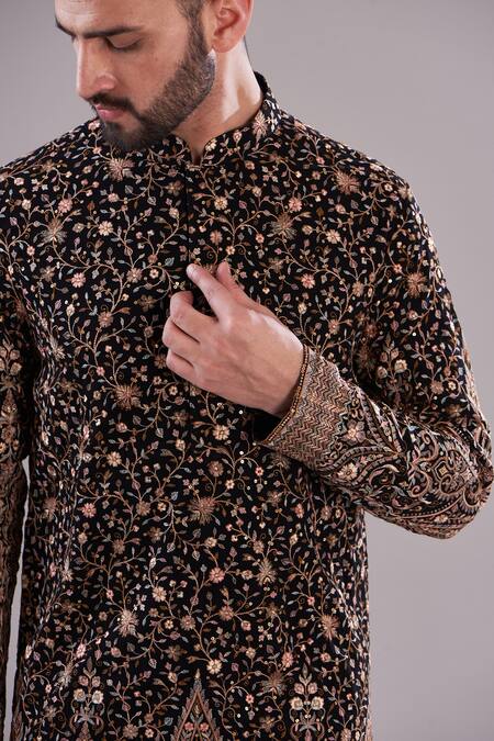Buy_Kasbah_Black Georgette, Cotton Embroidery Intricate Thread And Sequin Kurta_Online_at_Aza_Fashions